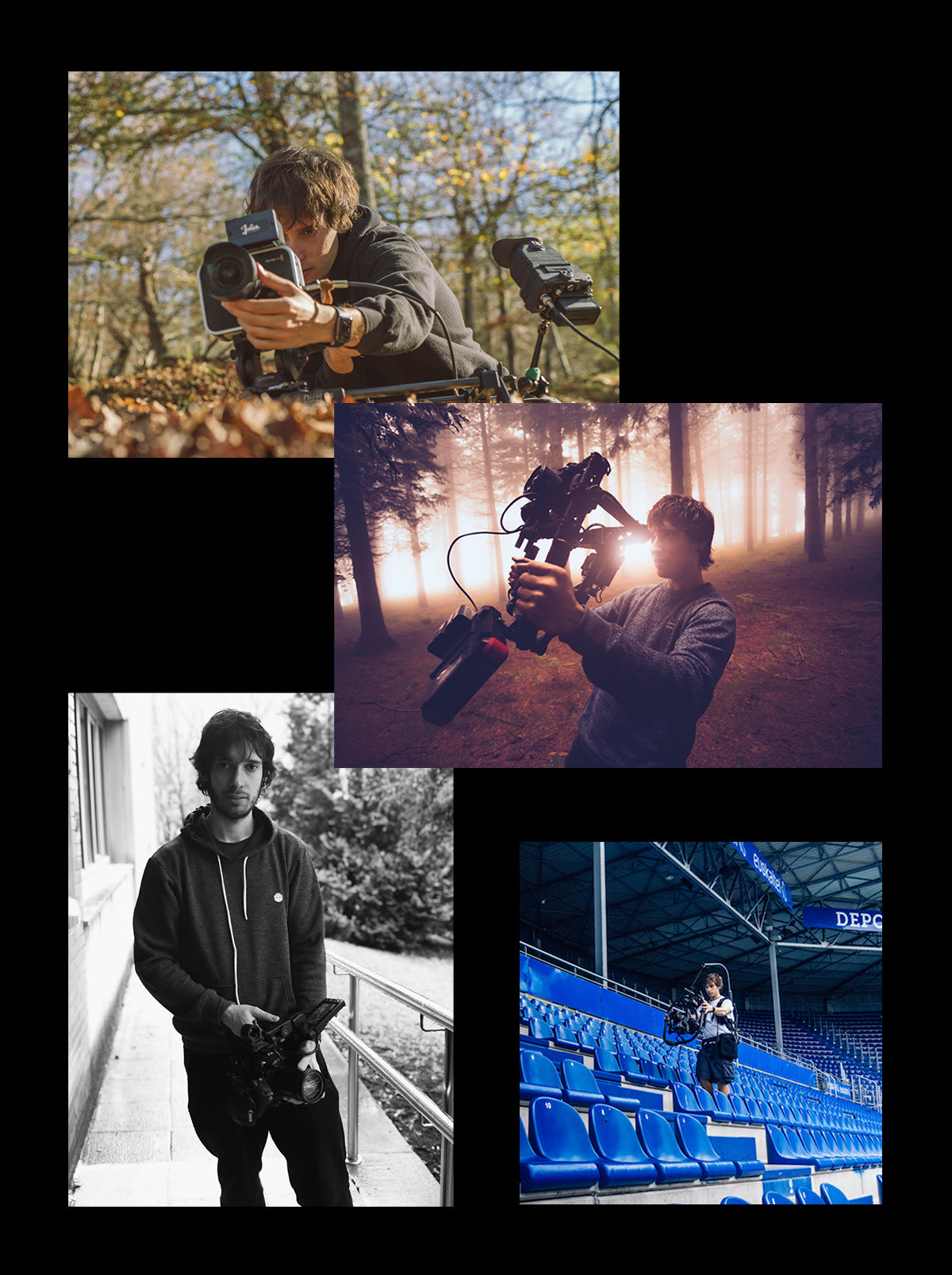 Collage of Julen De La Serna shooting over the years: in the forest with a cinema camera, on a gimbal, in black and white, and at a football stadium